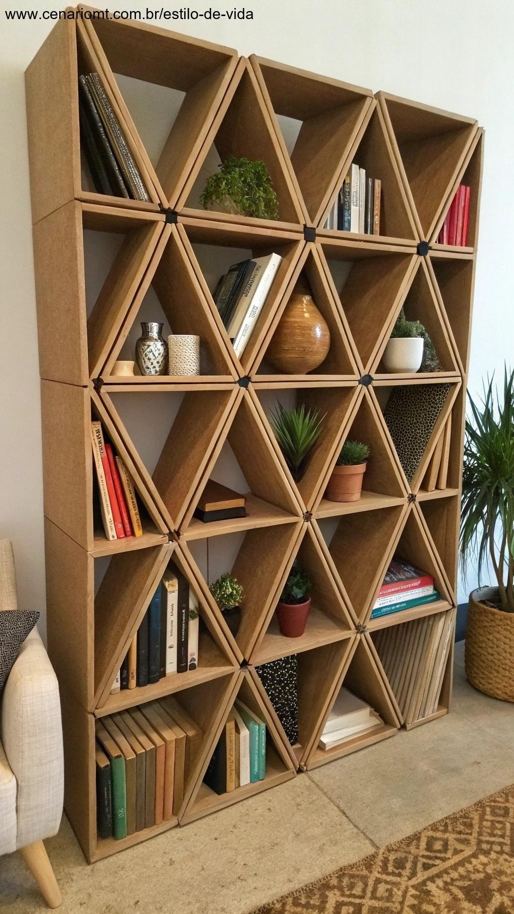 Estante modular feita de papelão com design moderno.