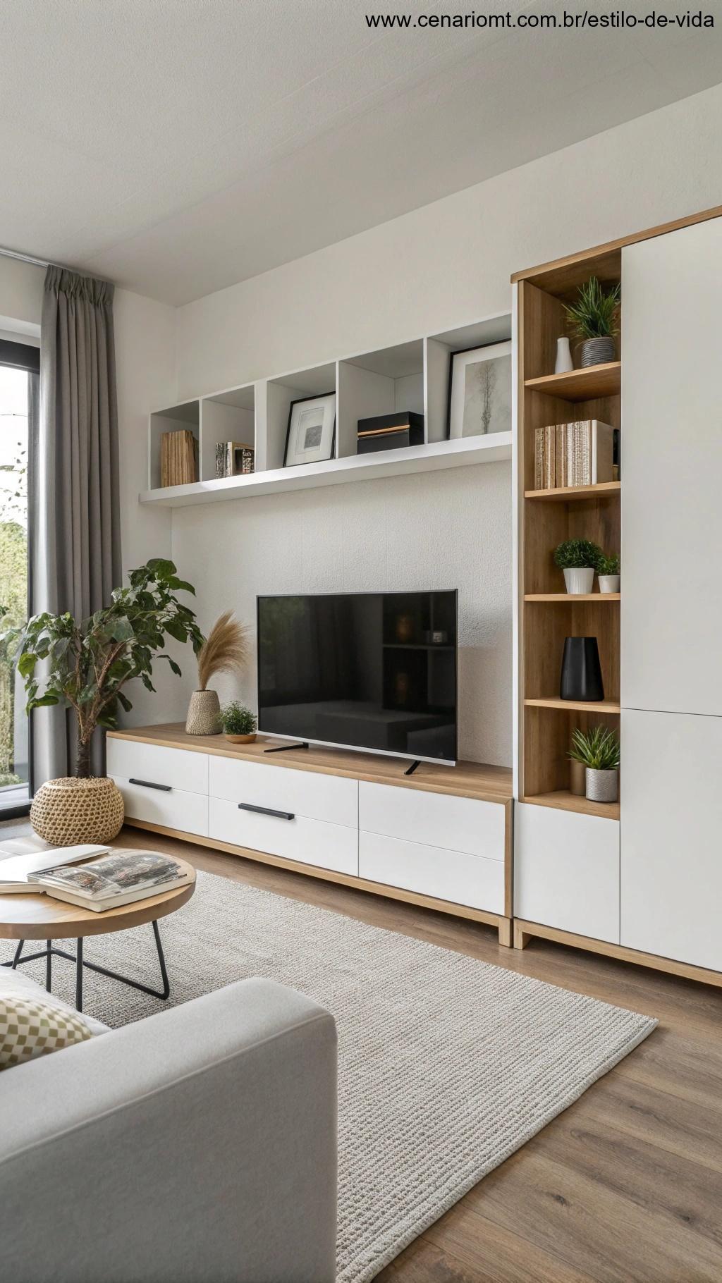Móveis modulares inteligentes organizando um ambiente livre de bagunça