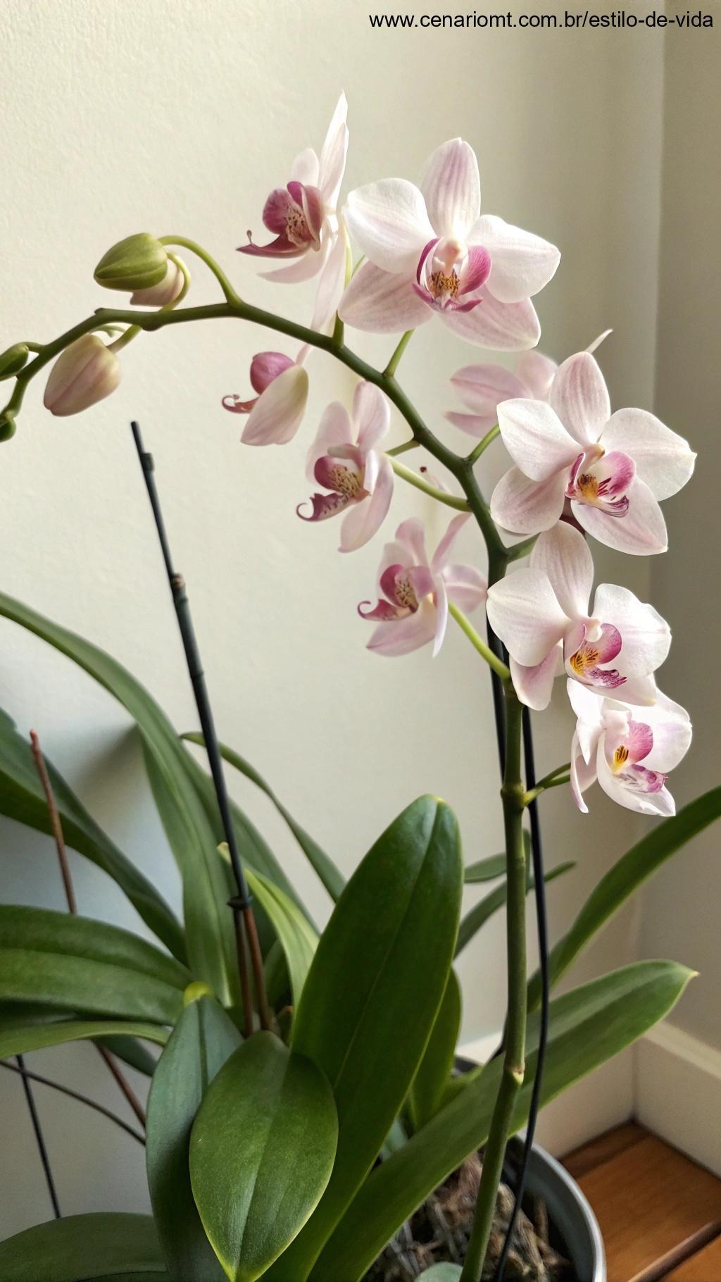 Uma orquídea delicada com pétalas suaves em tons de rosa e branco, posicionada em um caule esguio, rodeada por folhas verdes.