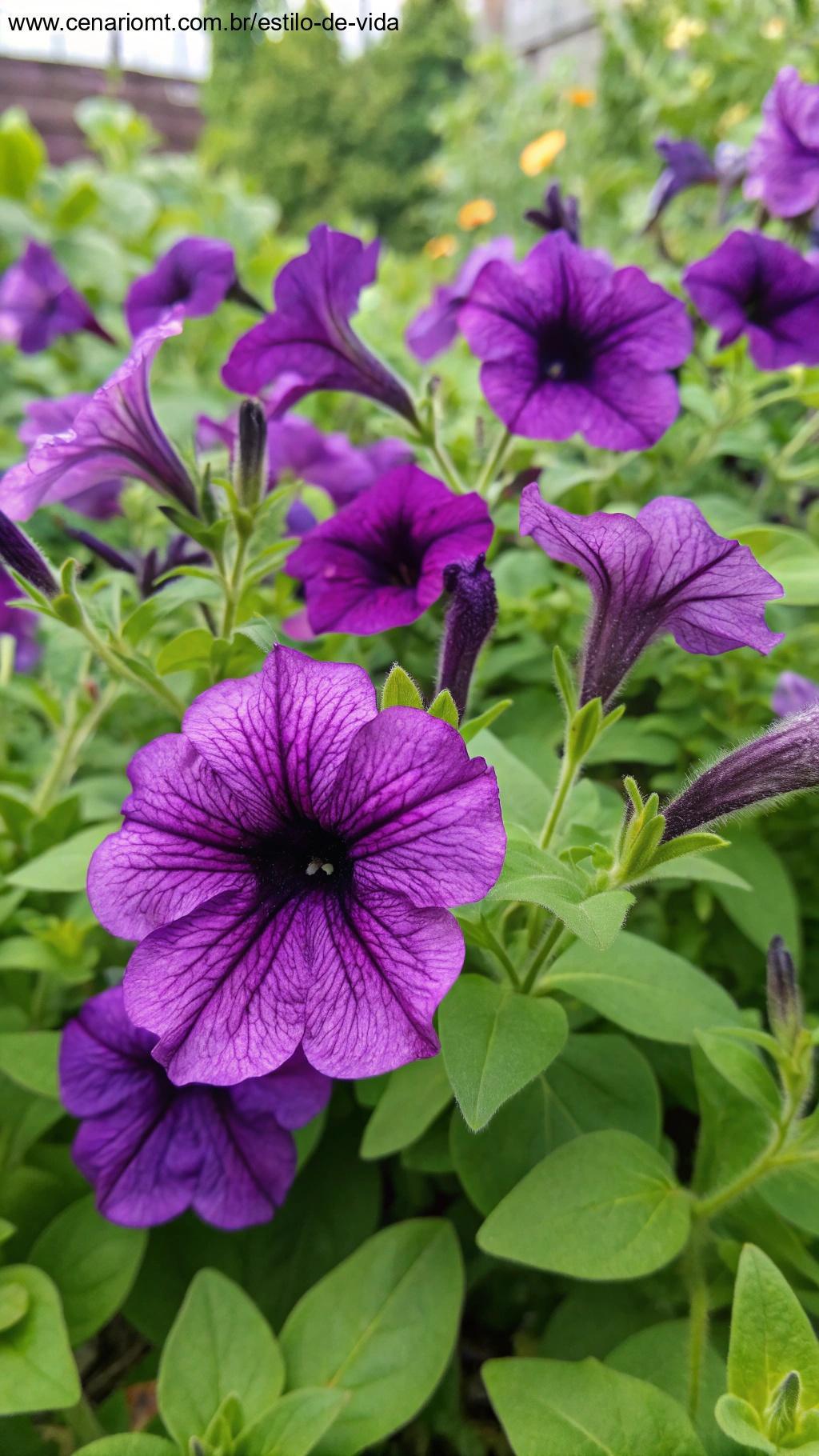 petúnia roxa em jardim vibrante