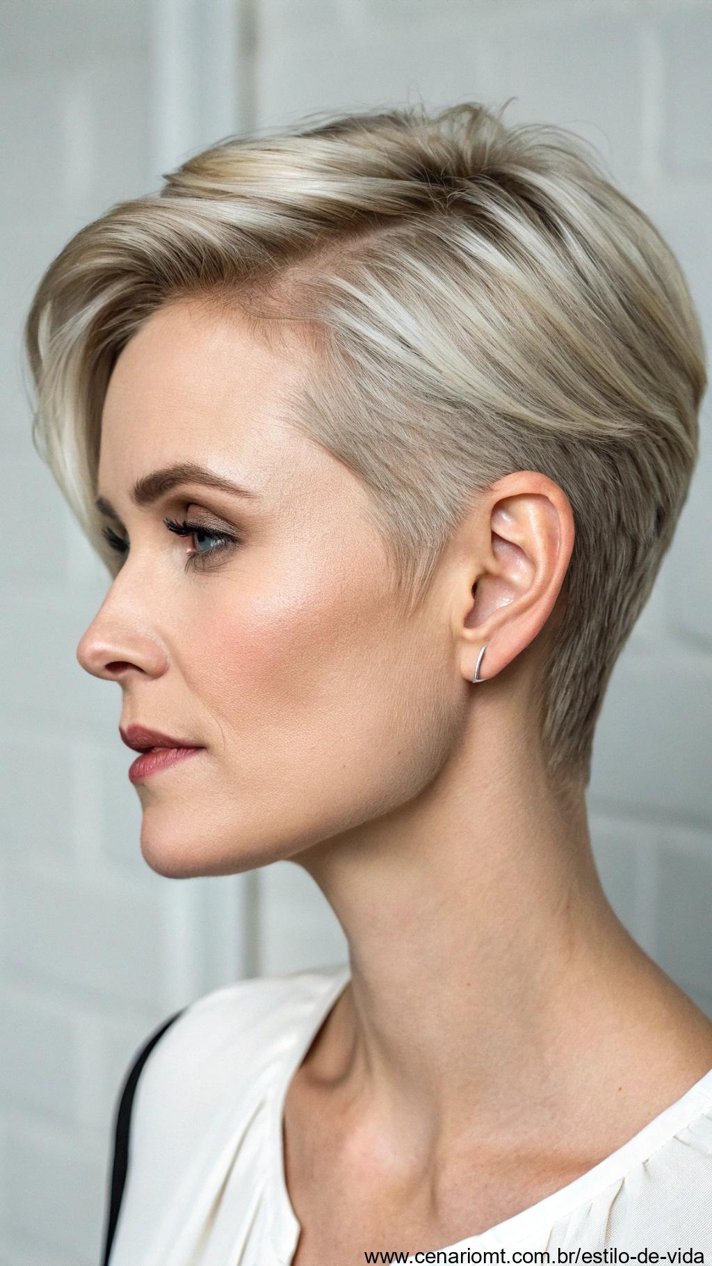 Corte pixie com parte lateral, elegante e sofisticado.