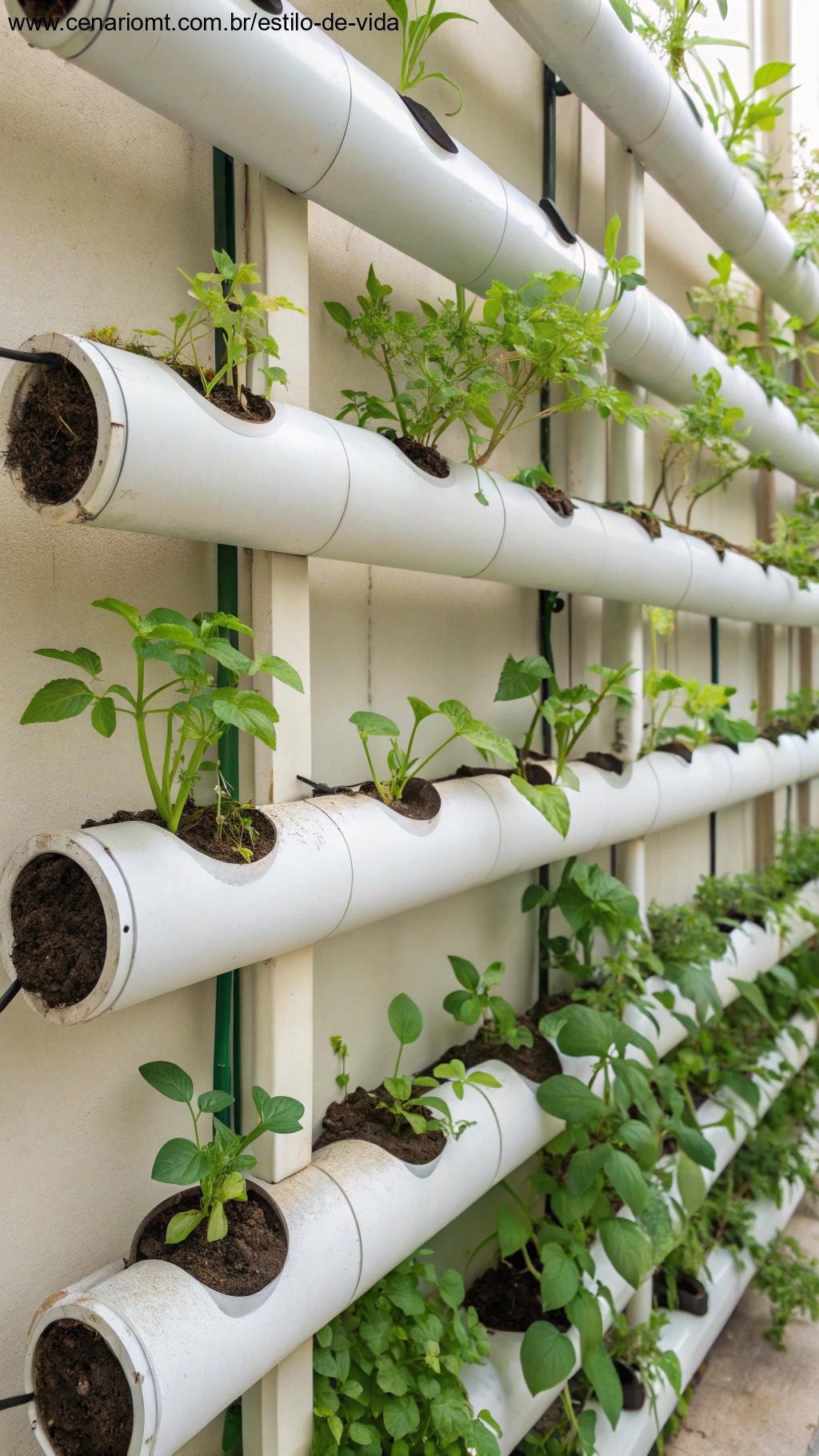 Canos de PVC dispostos verticalmente com plantas crescendo em cada cano, criando um arranjo único de horta vertical.