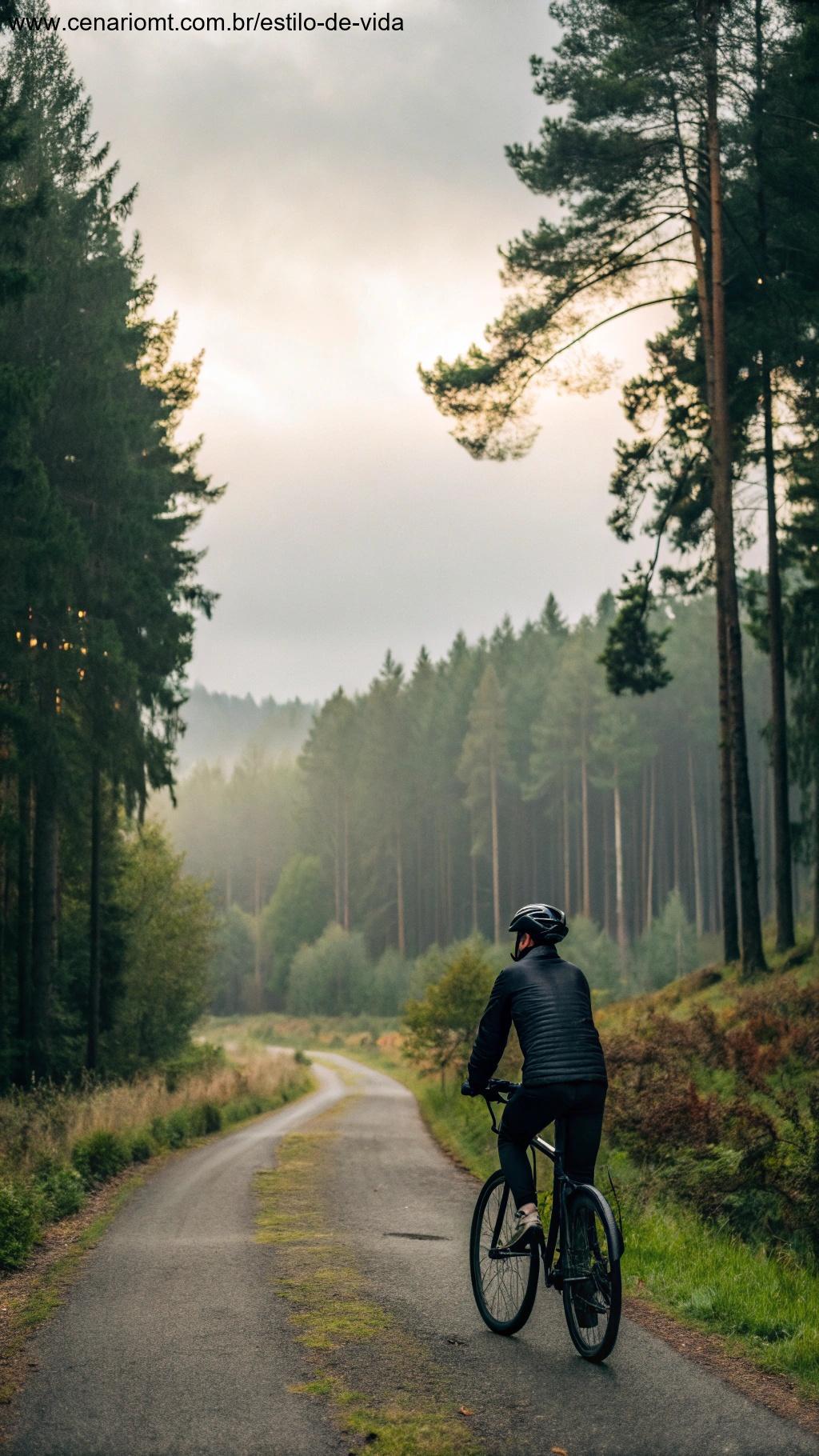 Ciclista praticando técnicas de respiração profunda enquanto está sentado em uma bicicleta em uma floresta tranquila