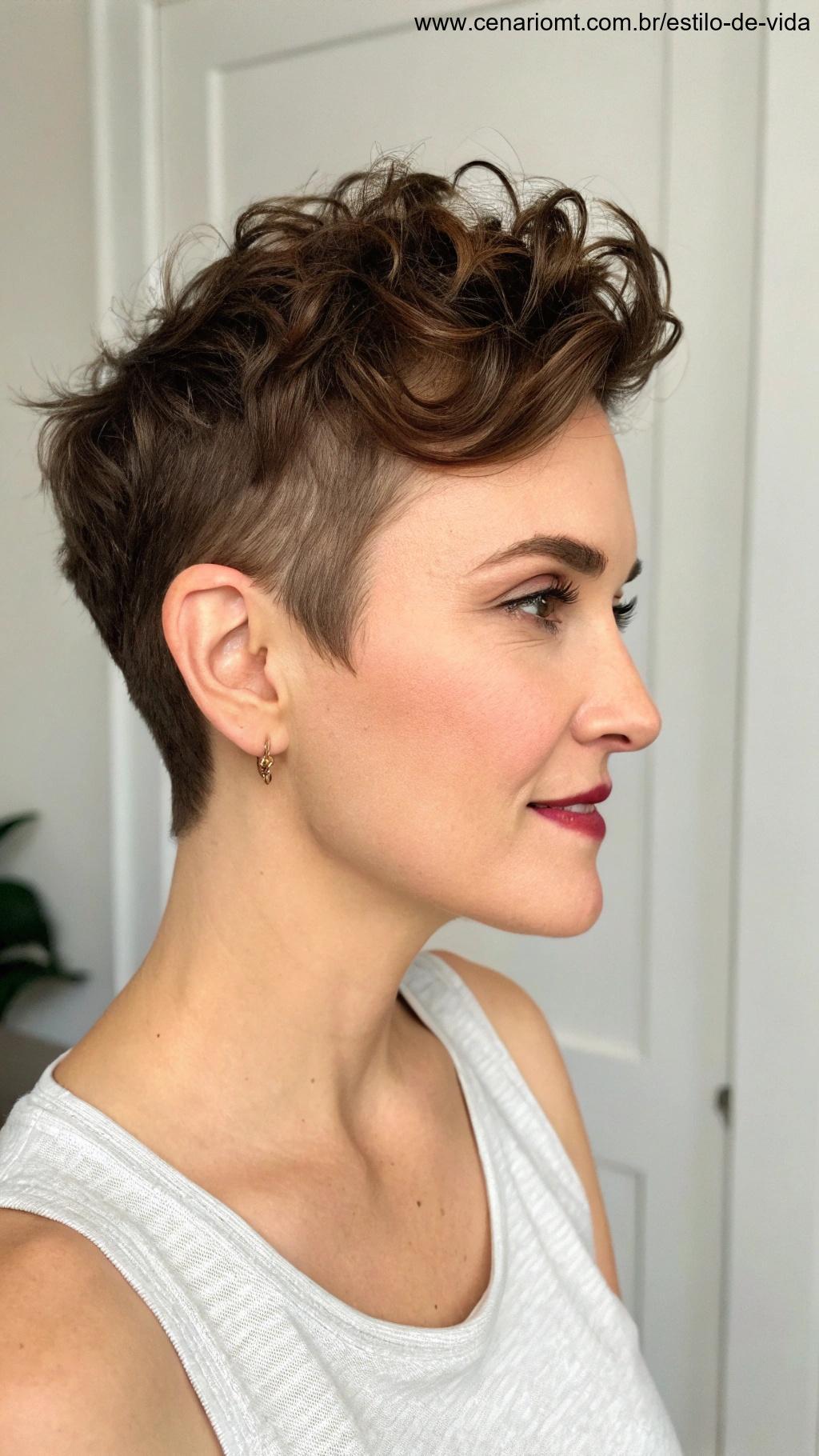 Mulher com corte pixie estilizando o cabelo de diferentes formas, mostrando a versatilidade do corte