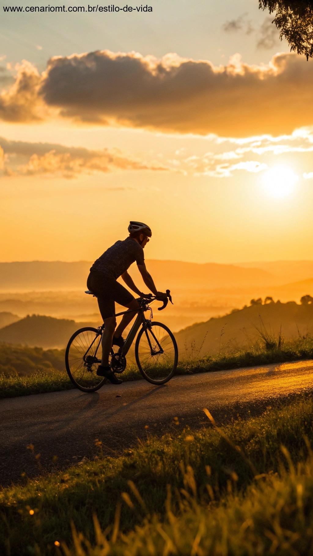 Ciclista pedalando ao pôr do sol, simbolizando longevidade