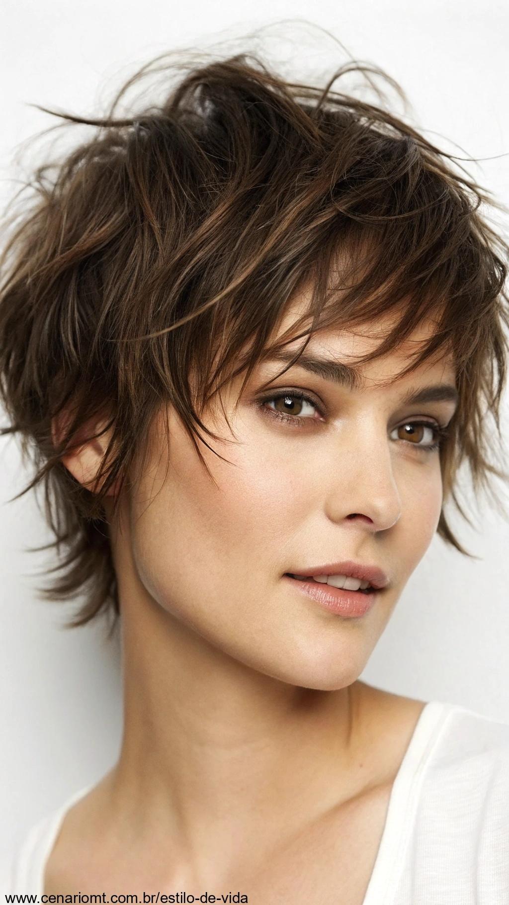 Corte curtinho com franja desfiada: cabelo curto com franjas bagunçadas e desfeitas.
