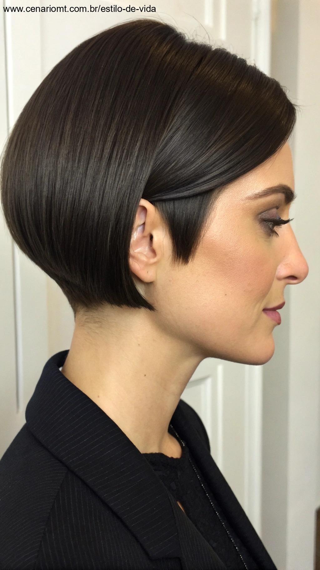 Corte curto e liso, com acabamento polido e sofisticado.