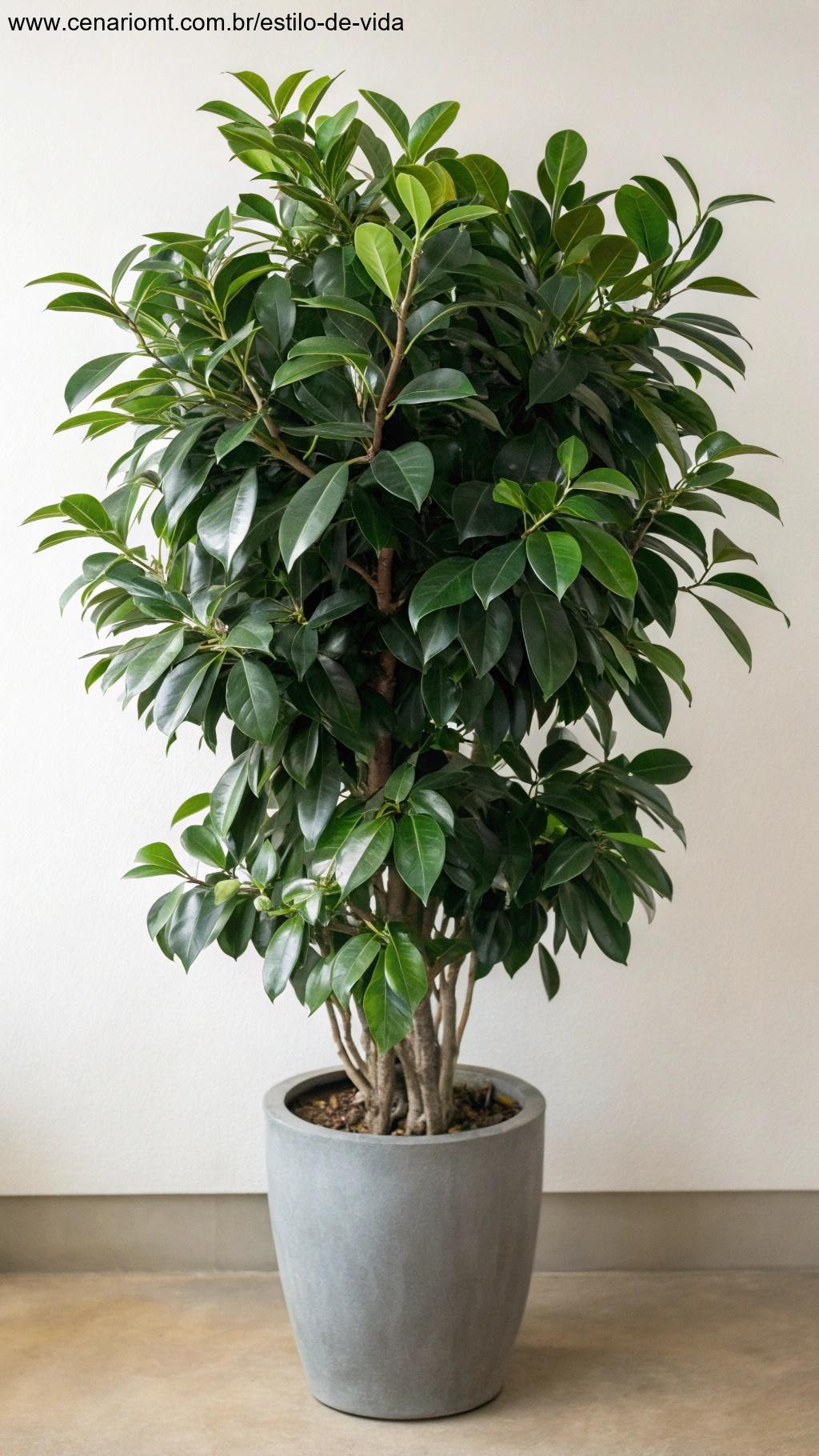 Planta Ficus com folhas verdes brilhantes em um vaso elegante