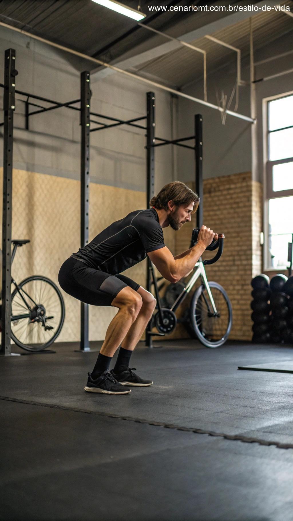 Ciclista realizando exercícios de força como agachamentos e afundos em uma academia
