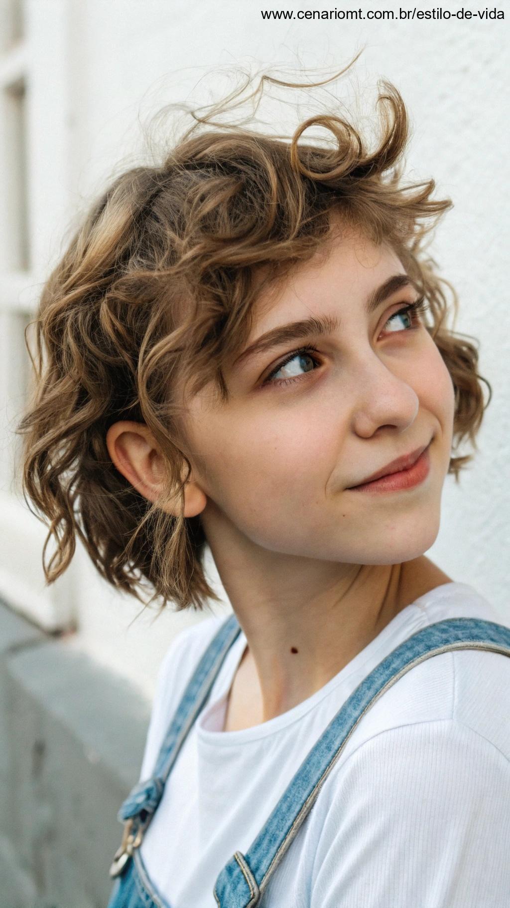 Corte pixie com ondas suaves, descontraído e moderno.
