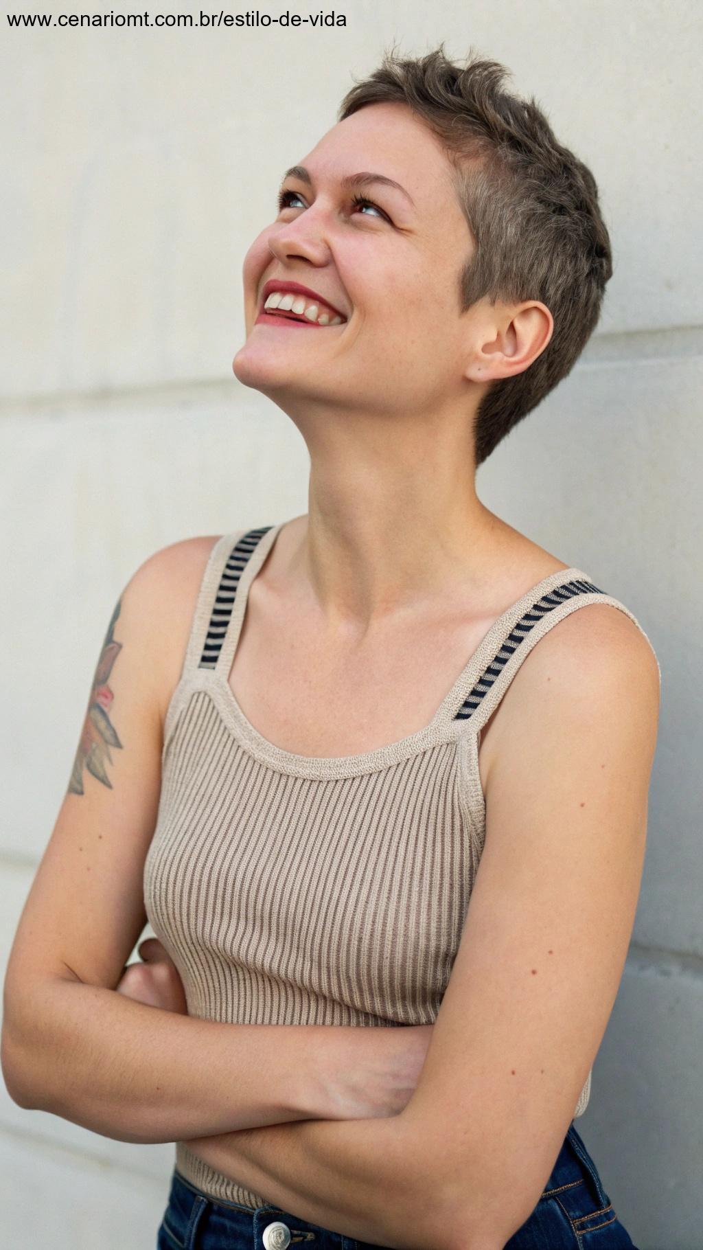 Mulher com corte pixie se sentindo livre e confiante, representando a sensação de liberdade do corte