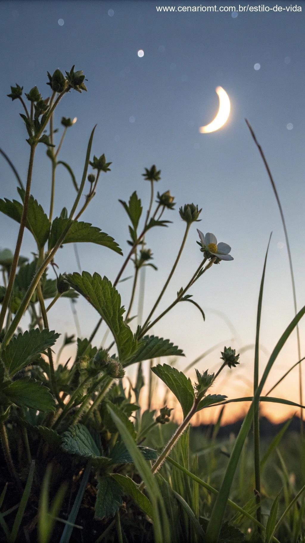 Plantas crescendo sob a luz da lua crescente.