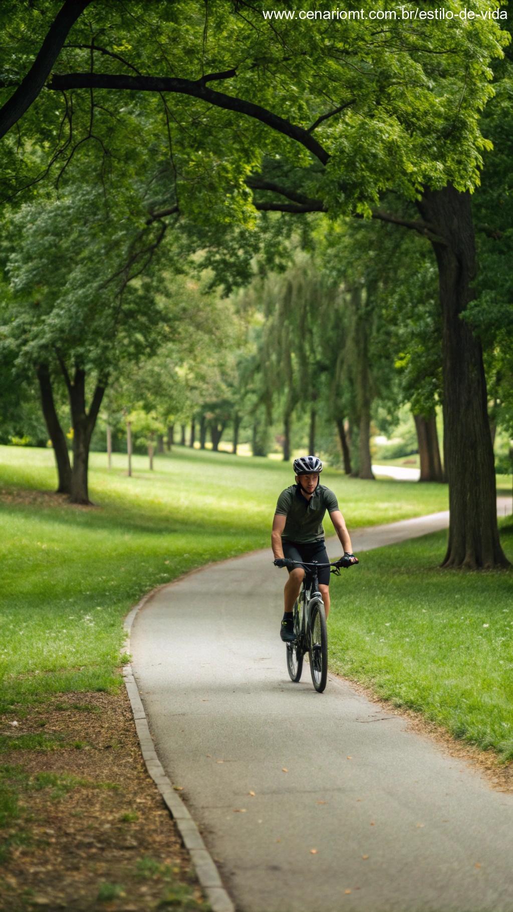 Ciclista pedalando por um parque, queimando calorias e perdendo peso.