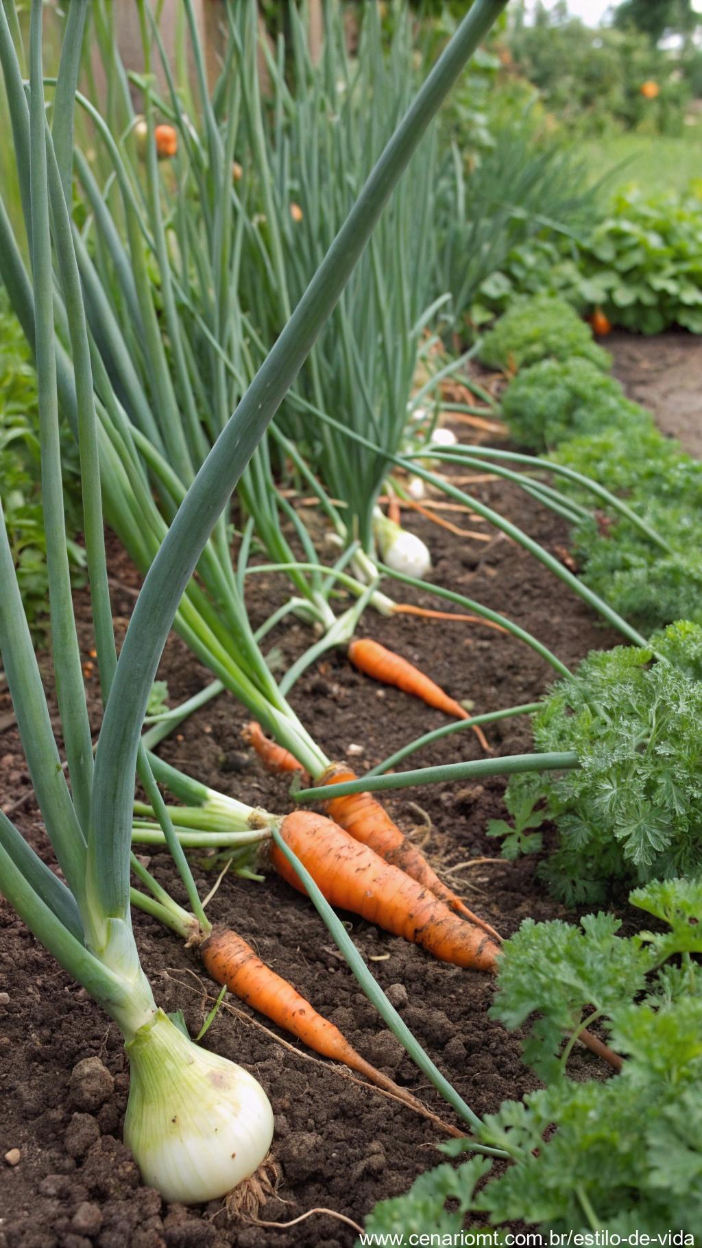 Cebolas crescendo com cenouras, seus longos talos e raízes laranjas vibrantes aparecendo através do solo.