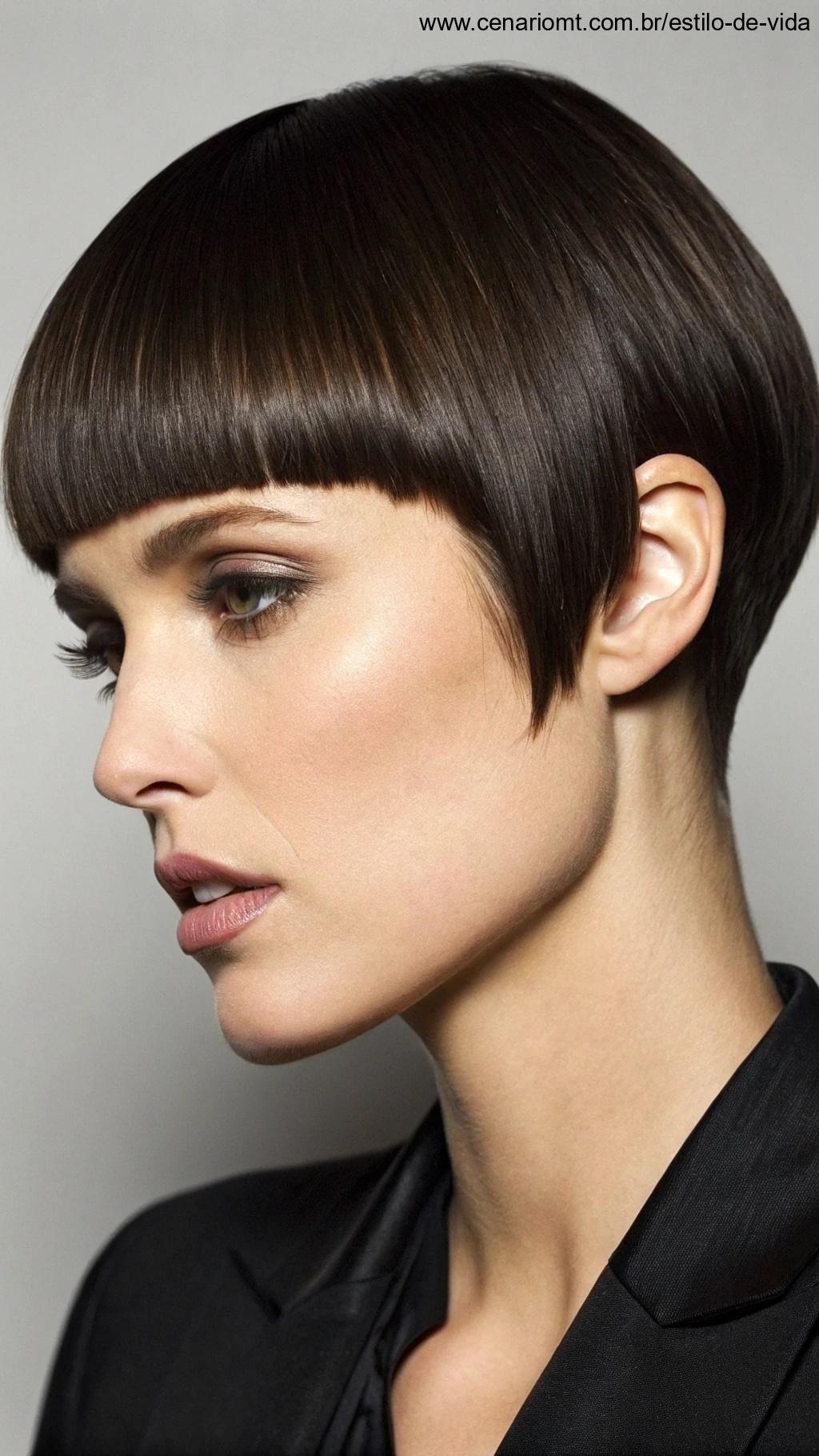Corte curto com franja reta, liso e elegante.