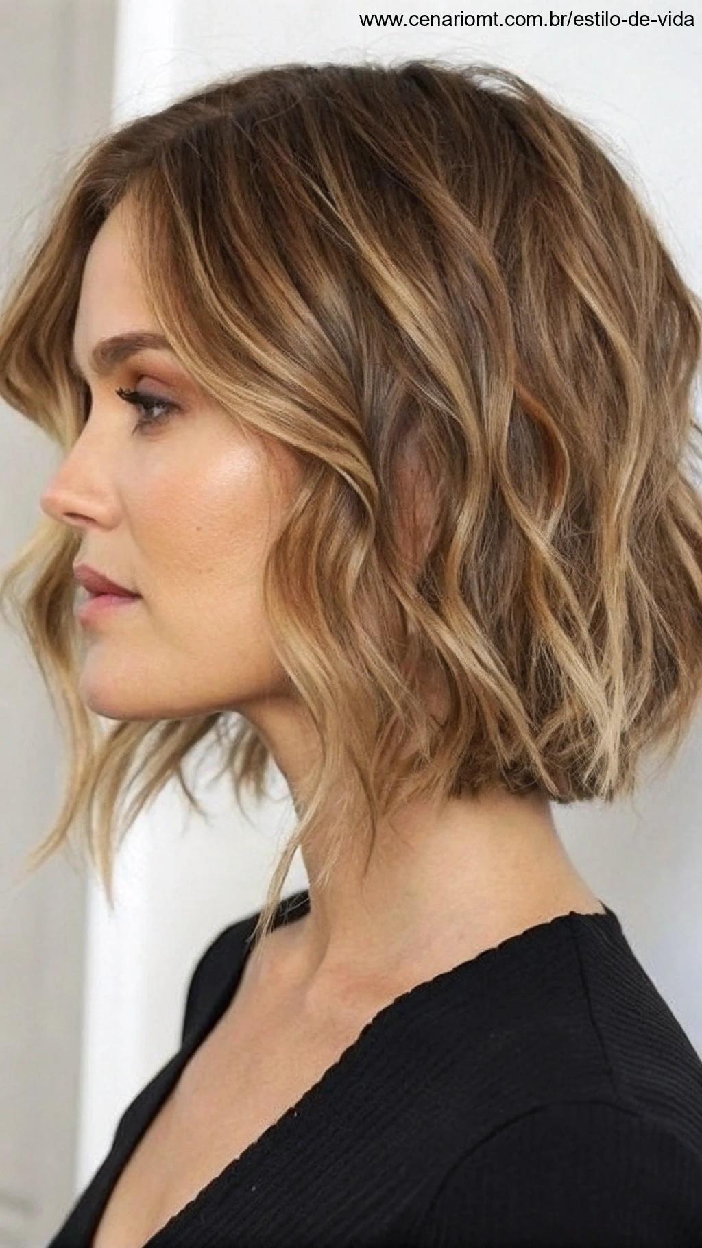 Corte curto com camadas e ondas suaves.