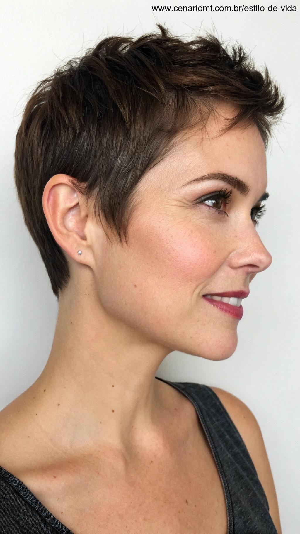 Mulher com corte pixie usando poucos produtos de cabelo, destacando a economia de produtos