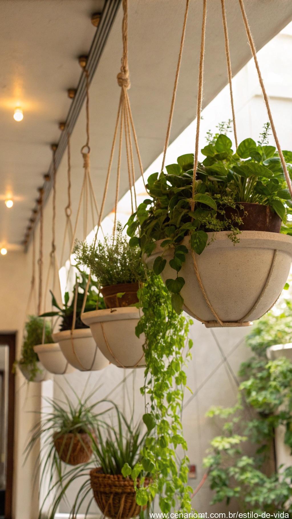 Vasos de plantas suspensos organizados de forma criativa, pendurados no teto em um espaço pequeno.