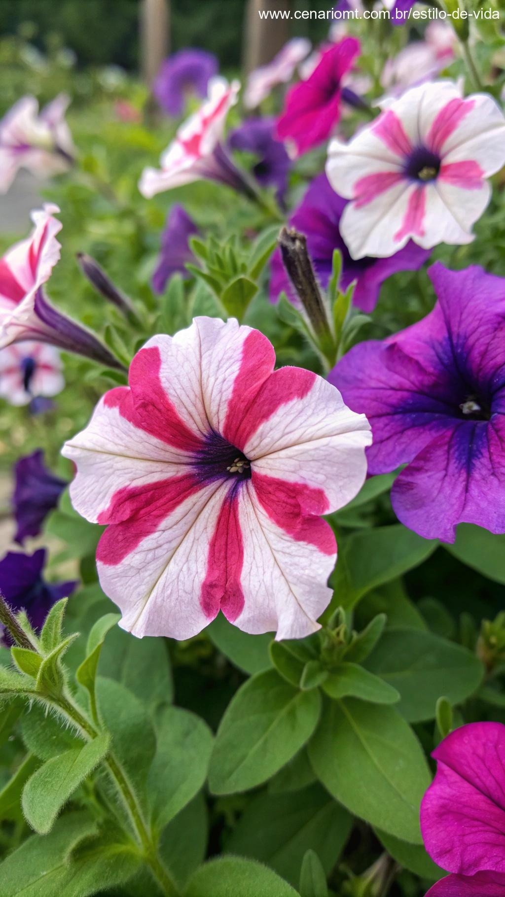Uma petúnia brilhante em plena floração, exibindo cores vivas como rosa, roxo e branco, com pétalas suaves e um fundo verdejante.