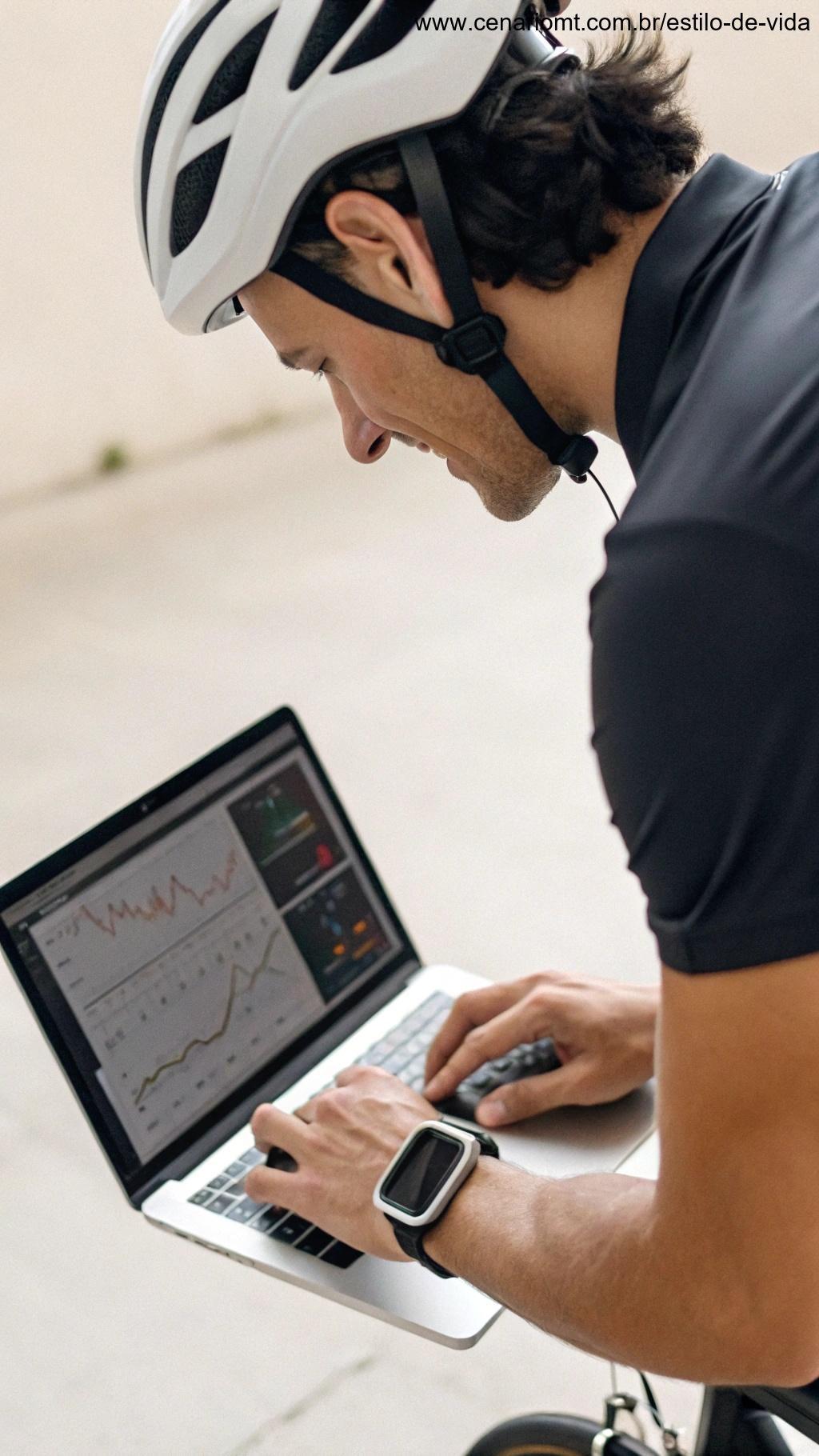 Ciclista analisando dados de desempenho em um smartwatch e laptop