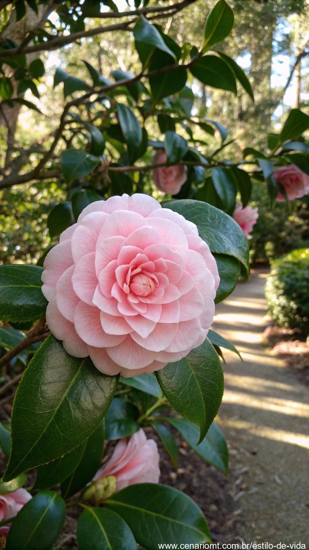 Uma flor de camélia com camadas de pétalas delicadas em tons de rosa, cercada por folhas verdes brilhantes em uma área sombreada do jardim.