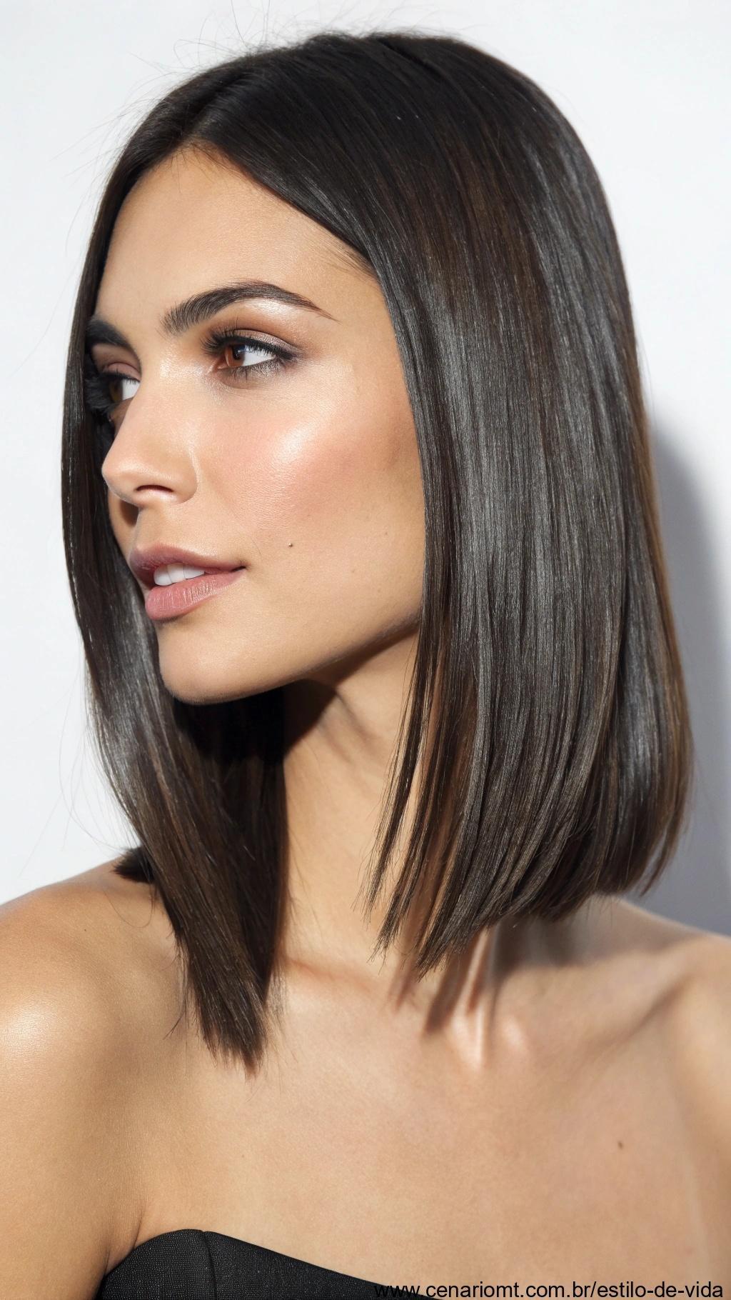 Corte bob longo estilizado reto e elegante em uma mulher de maquiagem leve.