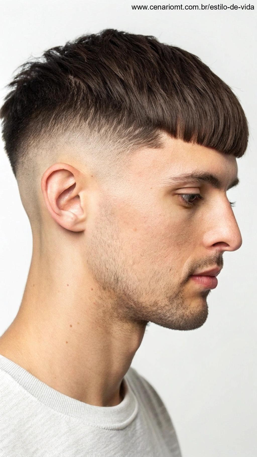 Corte degradê com franja: corte degradê com franjas que se mesclam ao visual.