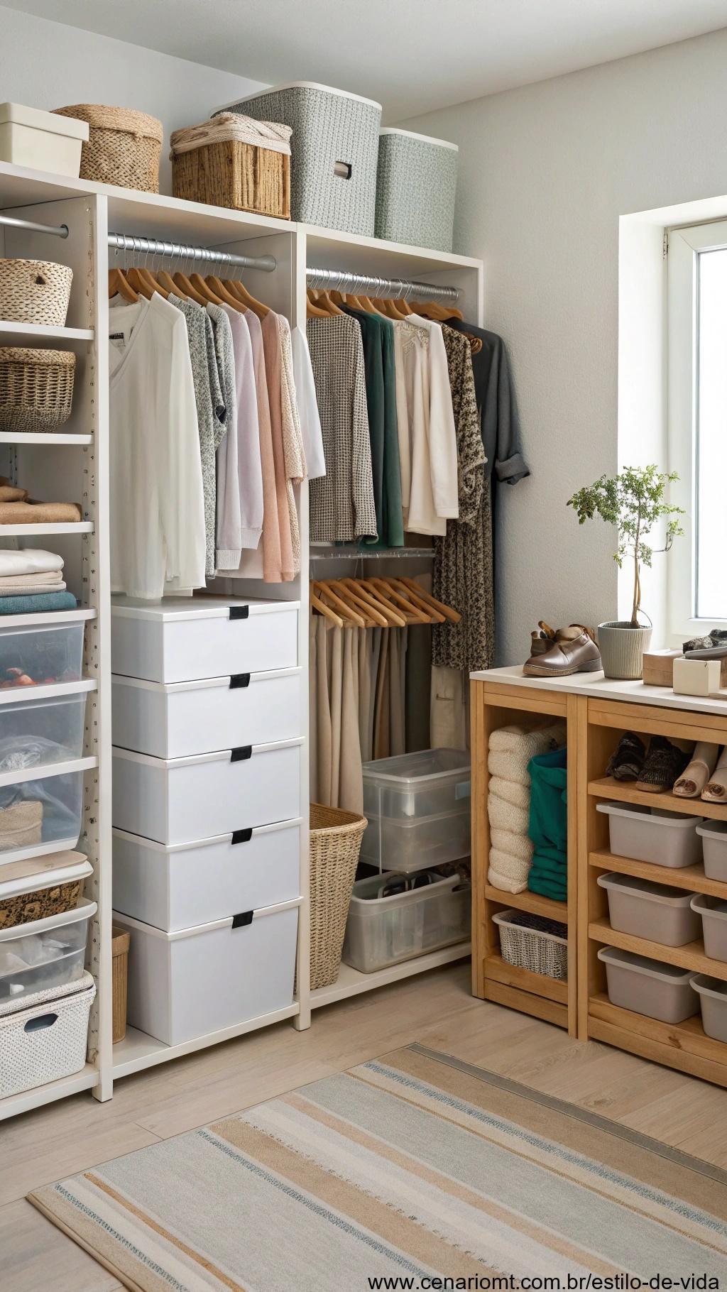 Quarto bagunçado sendo organizado com soluções de armazenamento.
