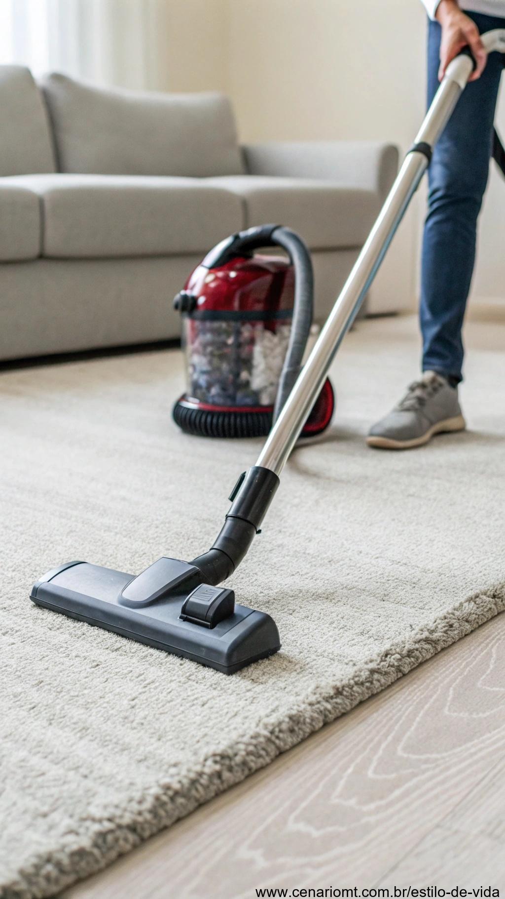Aspirador de pó sem saco e autolimpante em ação em um piso carpetado