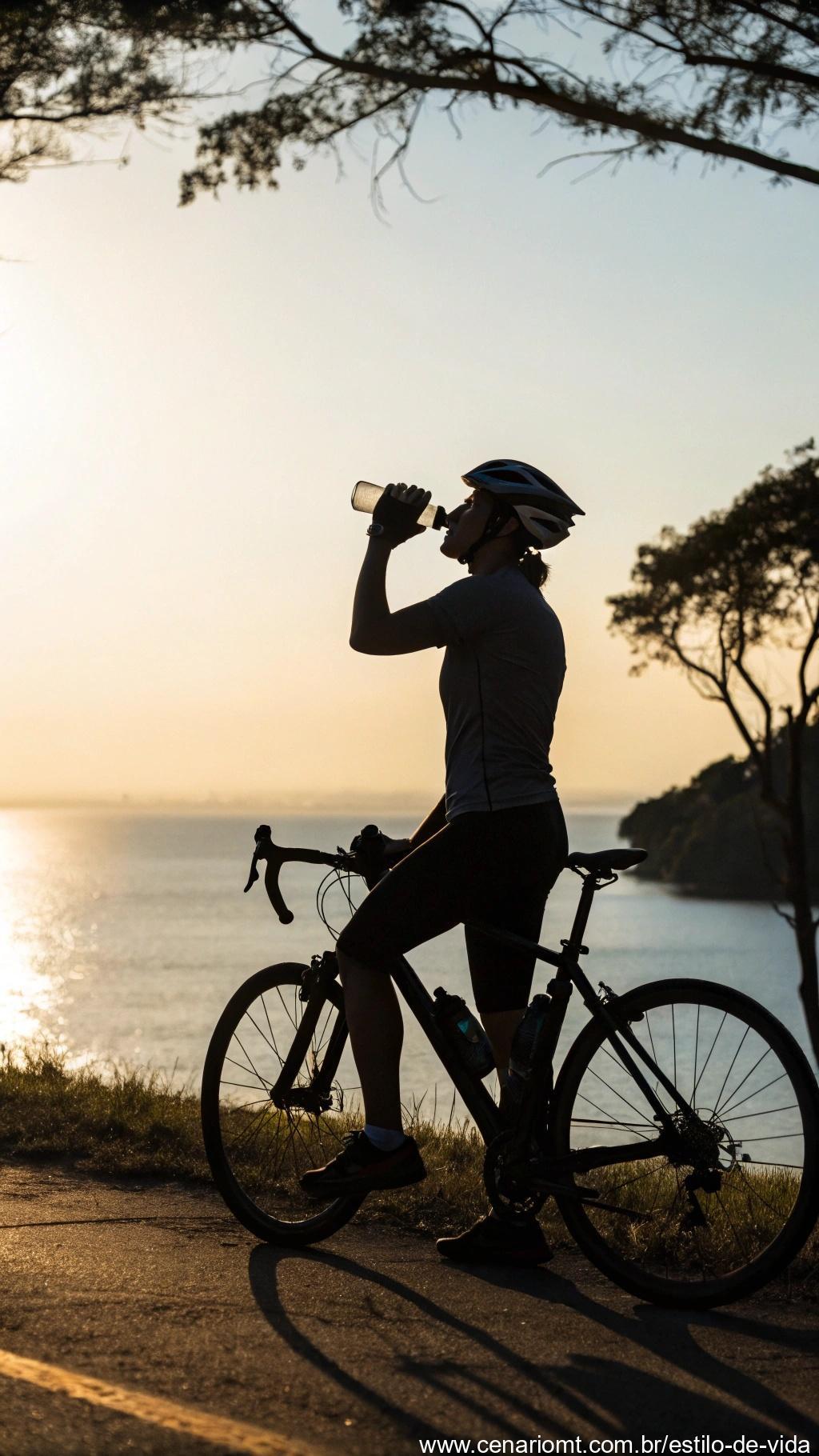 Ciclista parando para beber água, simbolizando a redução do risco de diabetes com exercício.