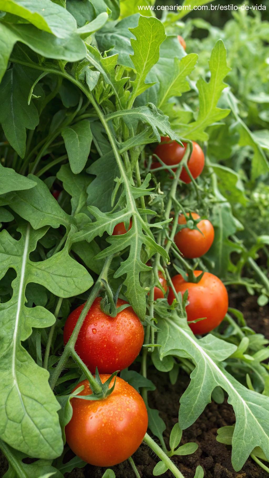 Plantas de rúcula crescendo ao lado de tomates, com suas folhas picantes complementando os tomates vermelhos e suculentos na videira.