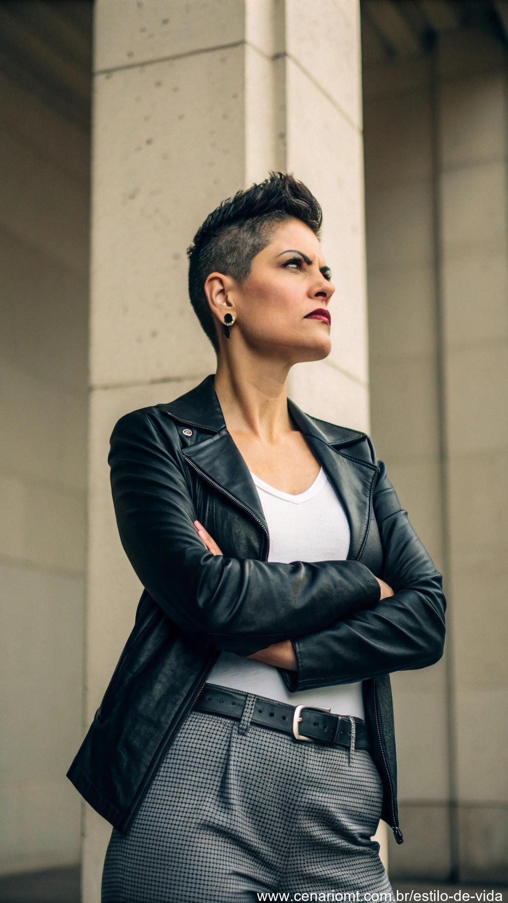 Mulher poderosa e confiante com corte pixie, transmitindo força e estilo