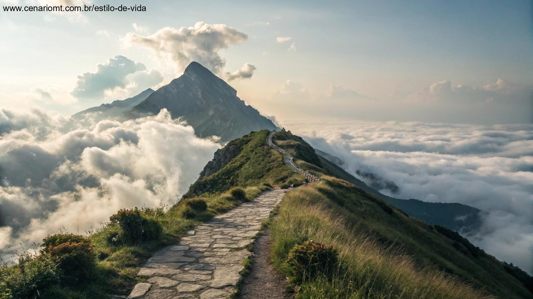 Cume de montanha cercado por nuvens, simbolizando confiança e fé em um poder superior.
