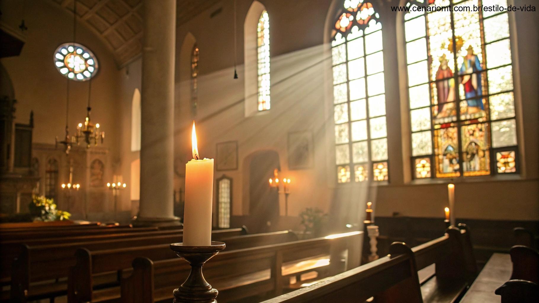 Cena acolhedora de uma igreja com luz do sol iluminando vitrais e uma vigília de velas dedicada a Santa Rita de Cássia.