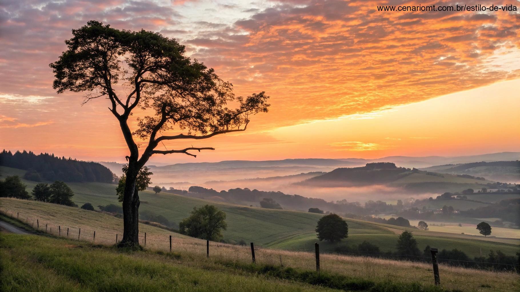 Nascer do sol sobre o campo tranquilo, simbolizando esperança e transformação.