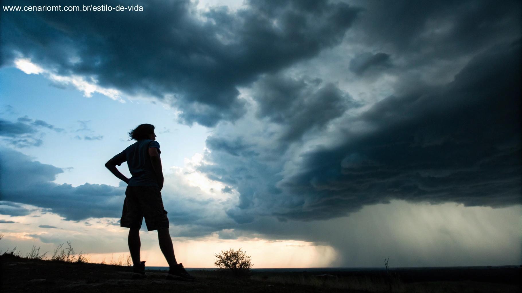 Pessoa de pé, enfrentando uma tempestade, com o céu clareando ao fundo, representando o poder da fé em tempos difíceis.