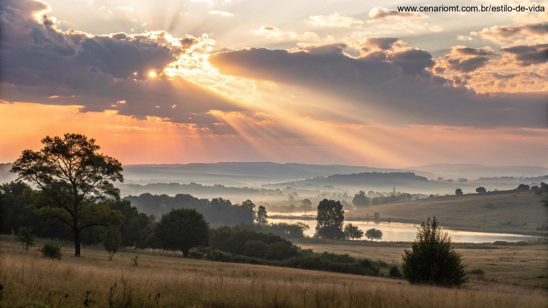 Amanhecer suave sobre uma paisagem tranquila, com raios de luz atravessando as nuvens, simbolizando o poder da oração e a busca pelo sagrado.