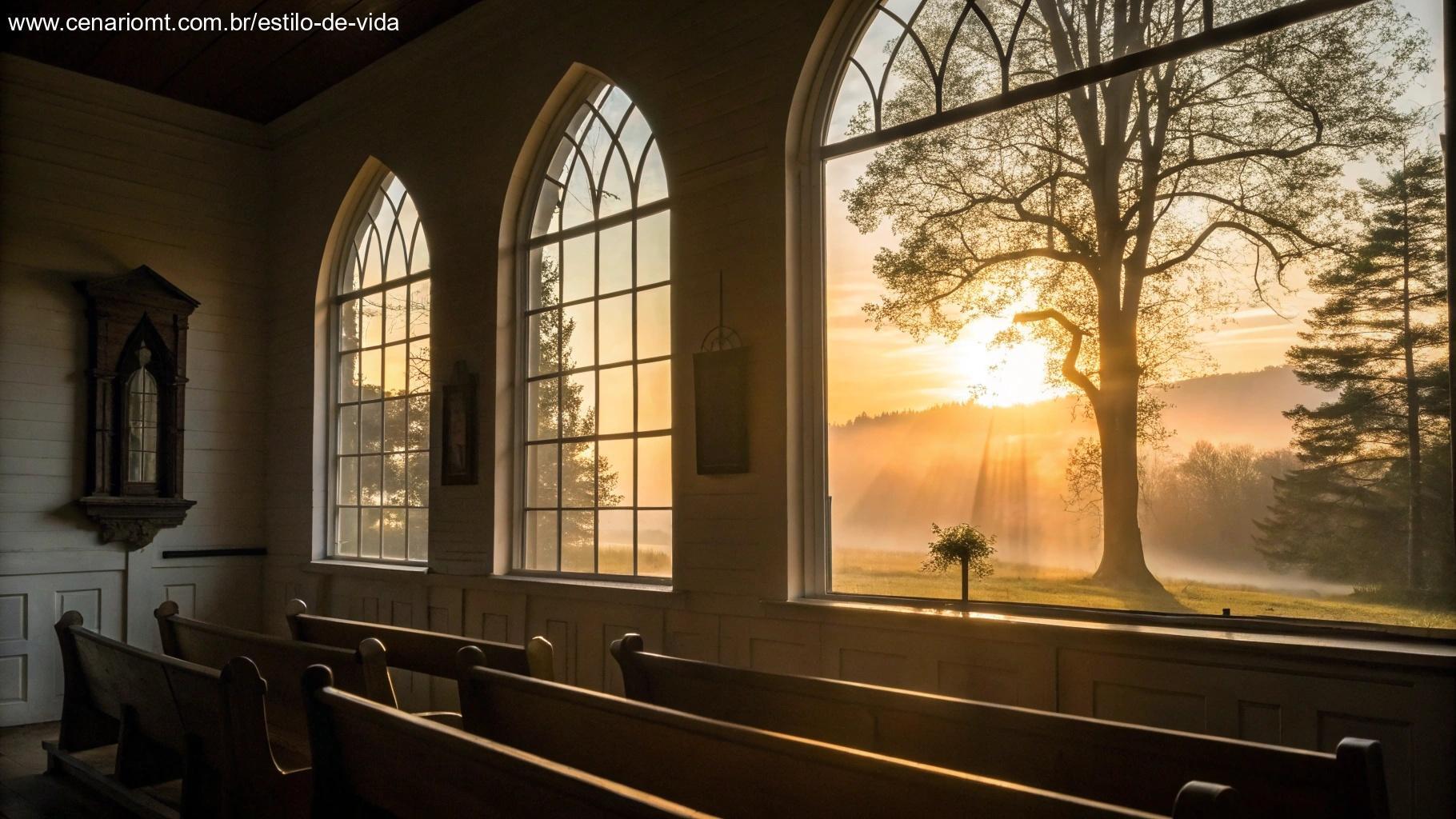 Cenário pacífico e inspirador com um suave brilho de luz da manhã entrando pela janela de uma igreja, representando o poder da oração na manhã de segunda-feira.