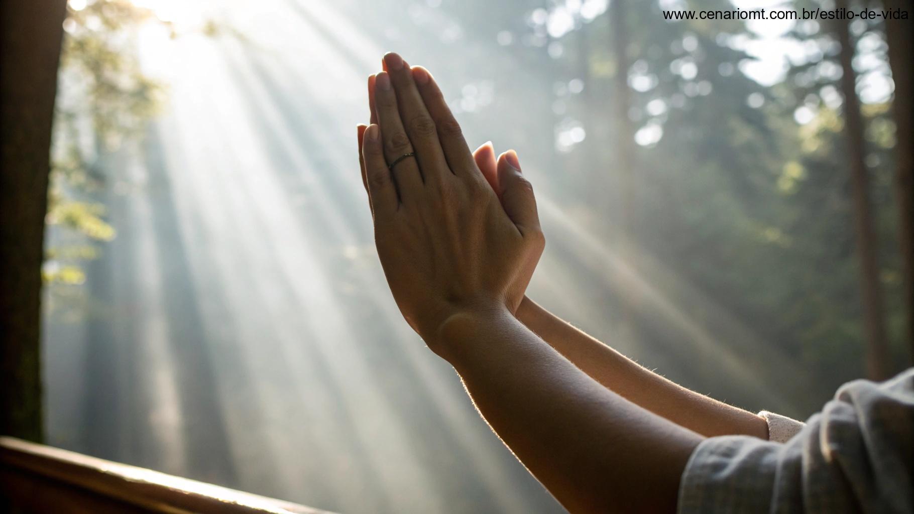 Mãos em oração, suavemente unidas, com luz natural suave vindo de cima, evocando confiança e conexão com o divino.