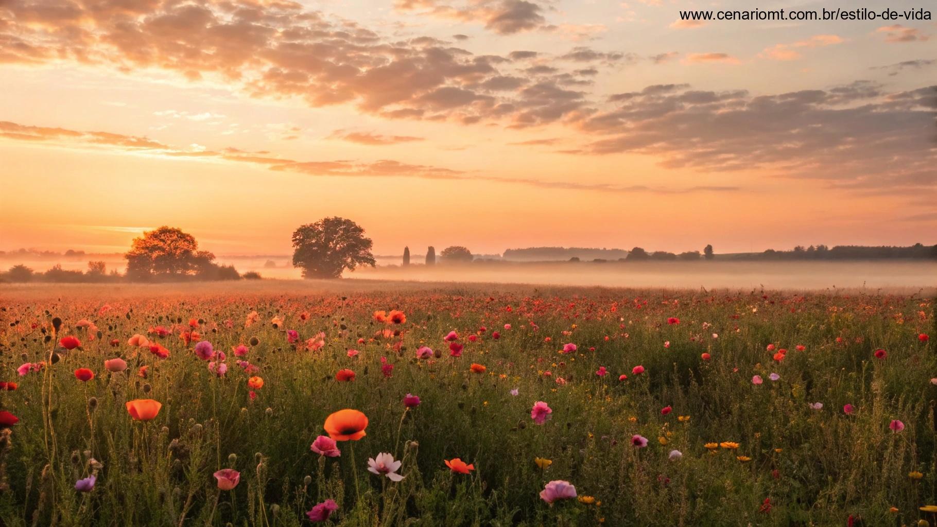 Amanhecer sobre um vasto campo de flores em plena floração, simbolizando esperança e fé.