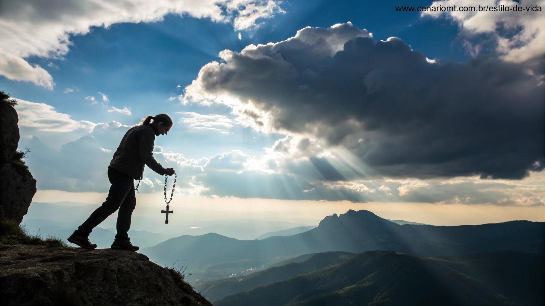 Pessoa determinada no topo de um penhasco, segurando um pingente de cruz, com raios de sol ao fundo.