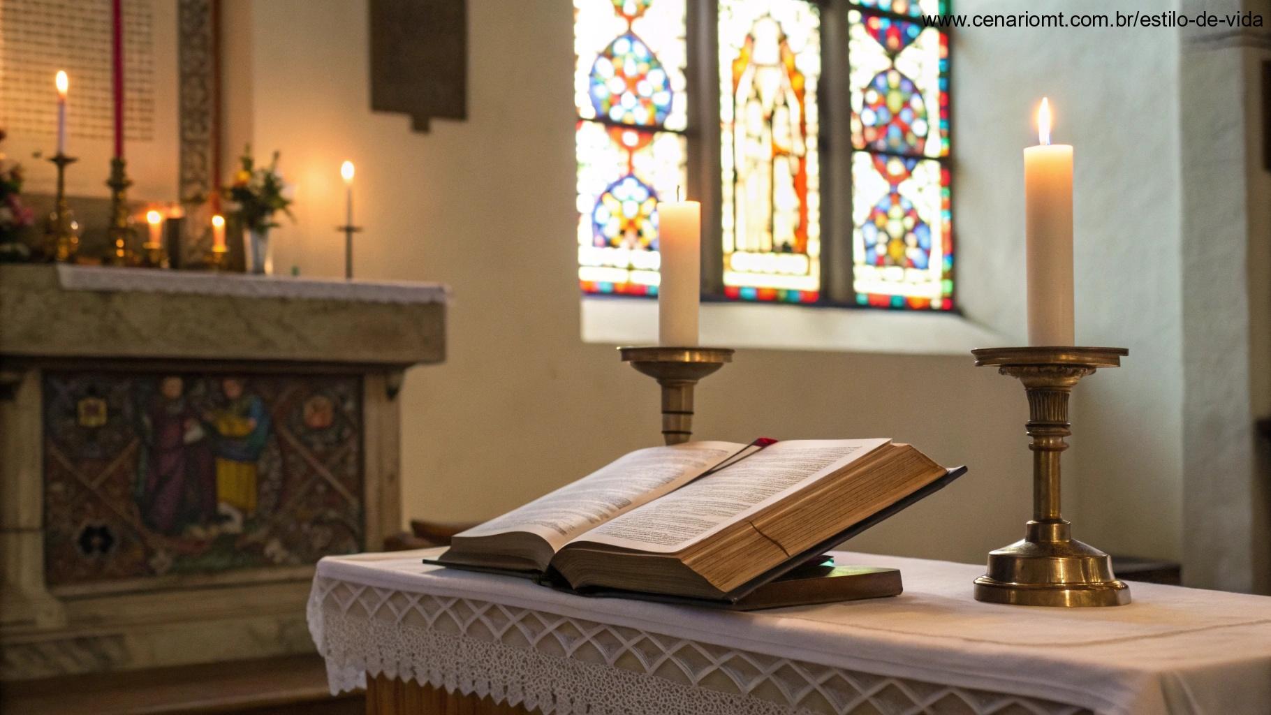 O altar de uma igreja com velas acesas, uma Bíblia aberta na página do Evangelho, e luz suave entrando através de uma janela de vitral, simbolizando a importância da liturgia e do evangelho.