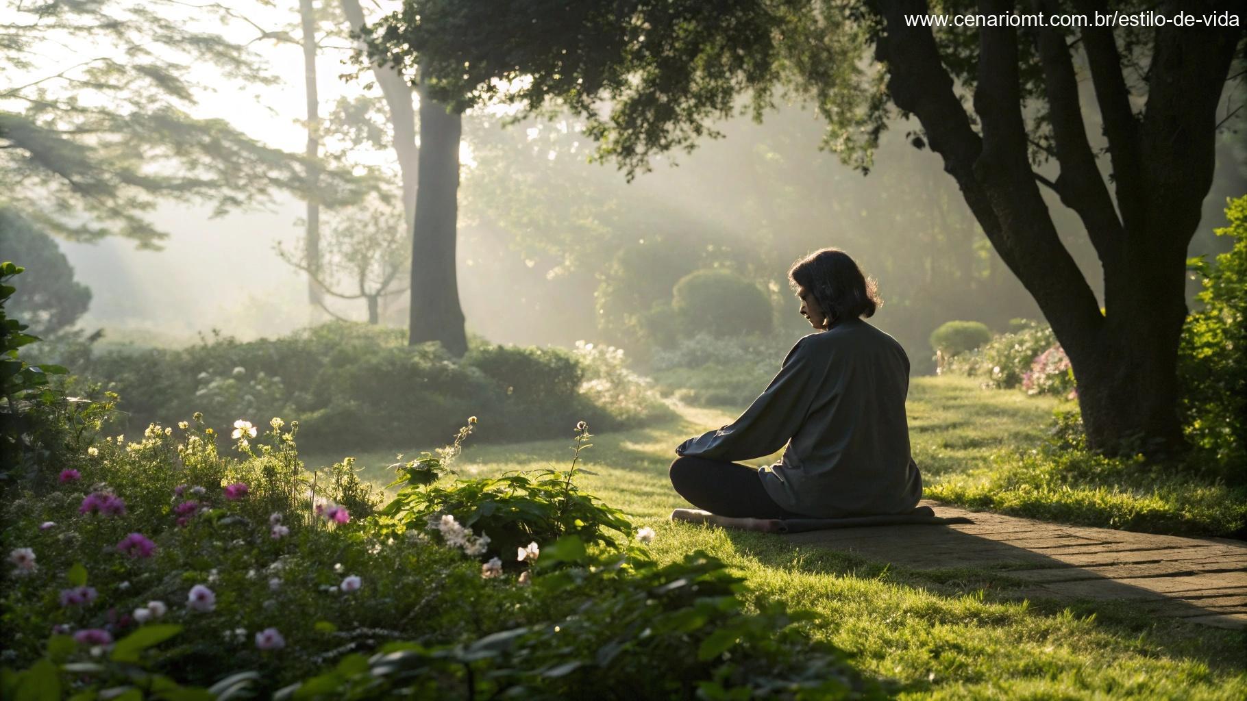 Pessoa meditando em um jardim tranquilo com luz suave filtrando pelas árvores, enfatizando tranquilidade e meditação diária