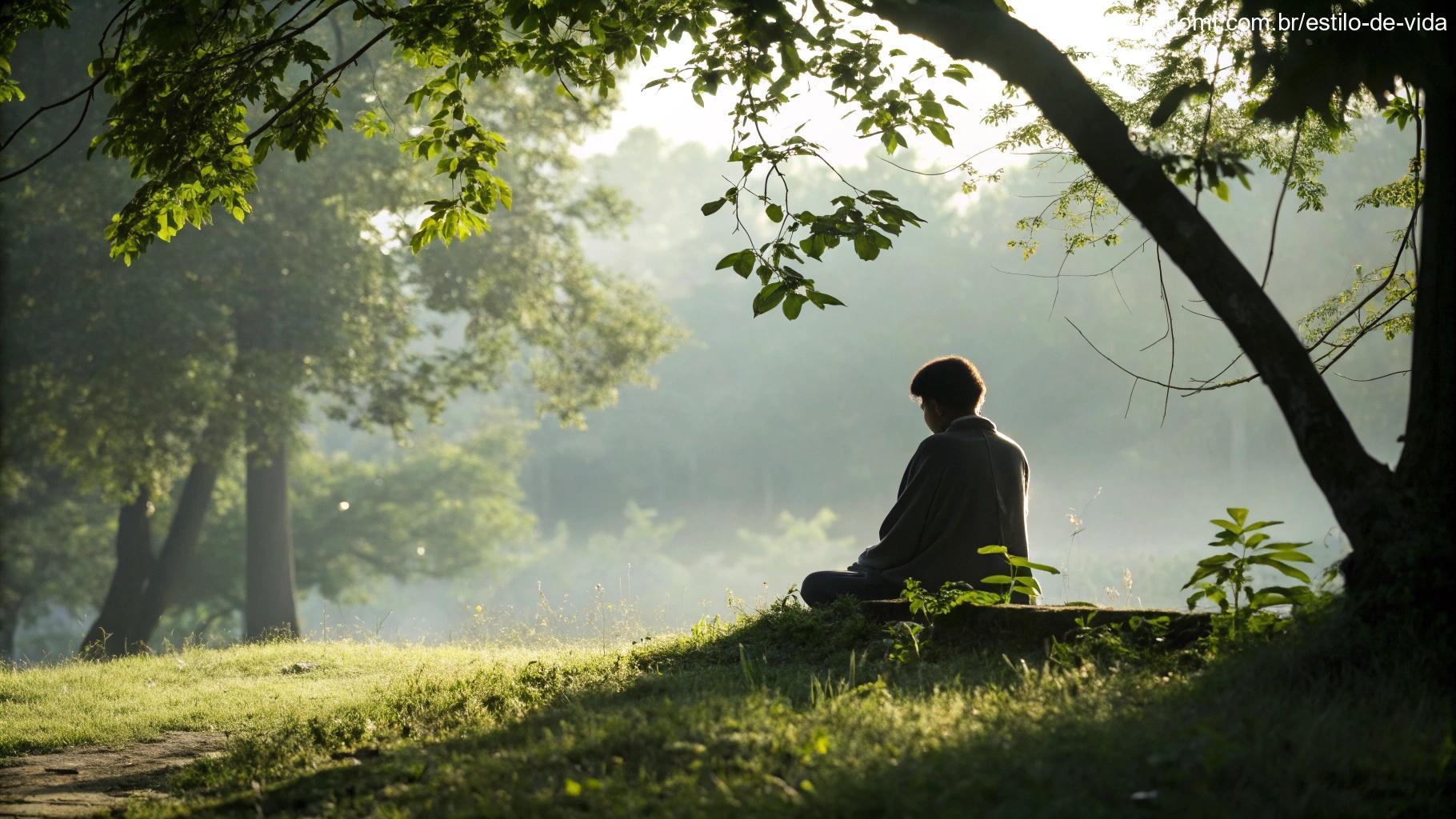Cena calma e meditativa com uma pessoa lendo a Bíblia ao ar livre, cercada pela natureza, com luz filtrada pelas folhas.