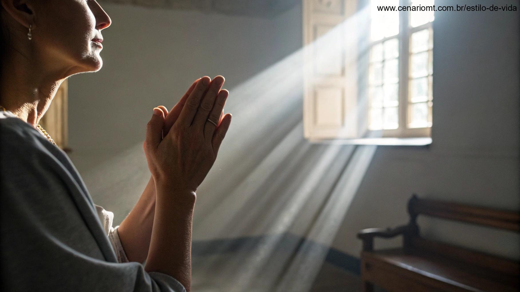 Um ambiente tranquilo com mãos suavemente entrelaçadas em oração, raios suaves de luz entrando pela janela, destacando a importância da oração na vida cristã.