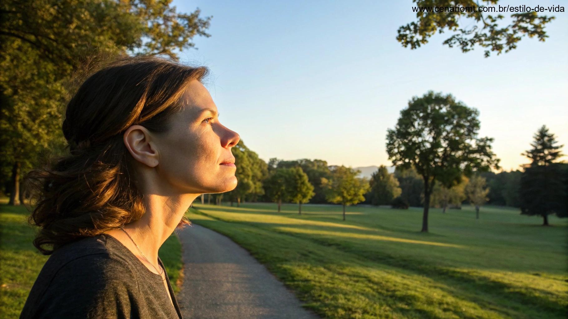 Mulher pensativa apreciando o horizonte em um parque ao amanhecer.