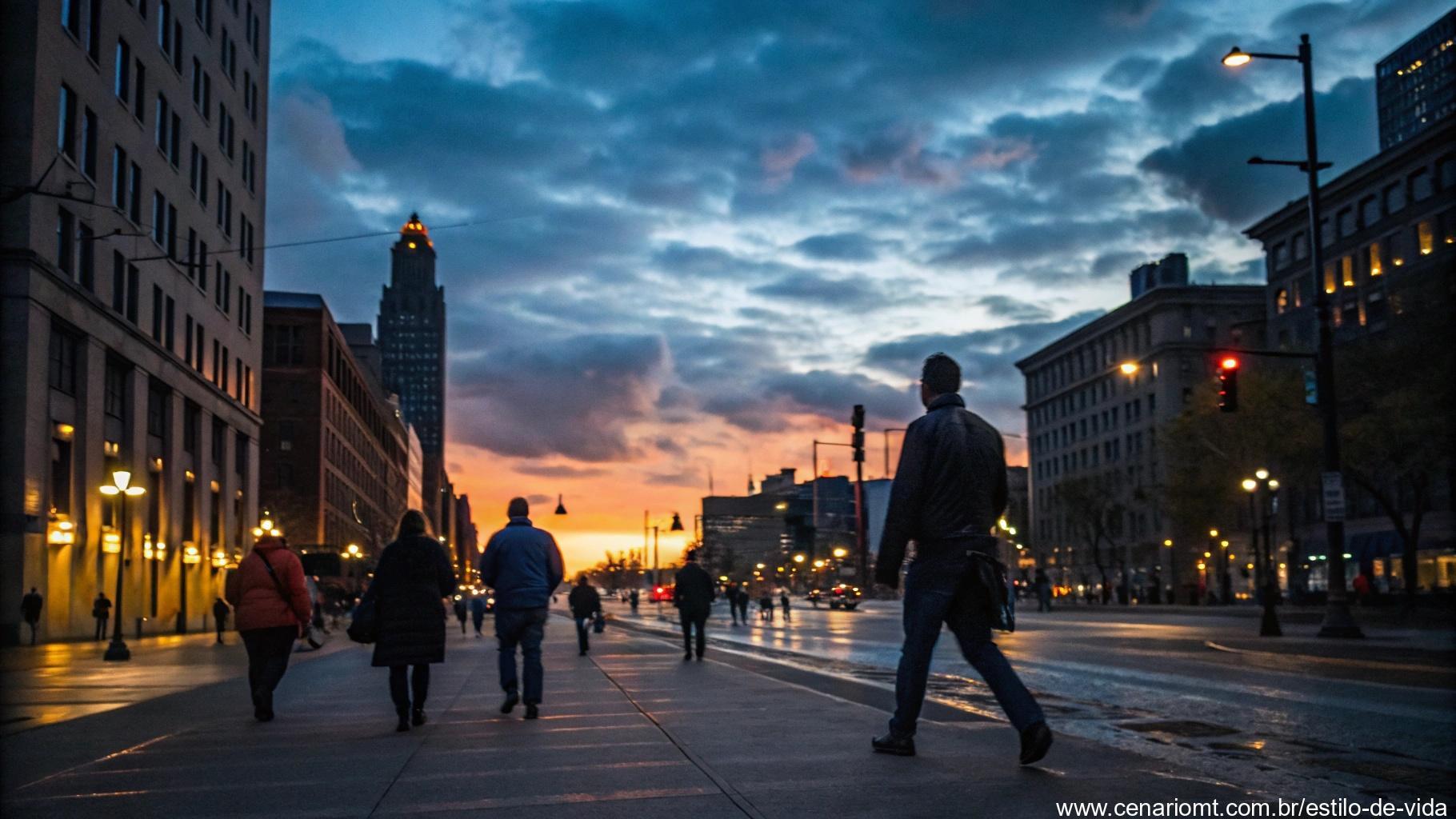 Imagem de uma rua movimentada da cidade ao amanhecer, com pessoas caminhando com propósito, simbolizando a importância da segunda-feira.