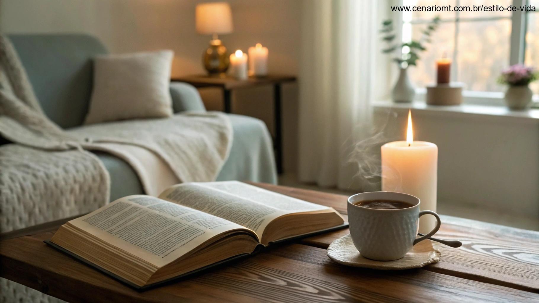 Ambiente acolhedor de casa com luz suave de vela, Bíblia aberta e xícara de chá fumegante ao lado, simbolizando a importância da oração no início da semana.