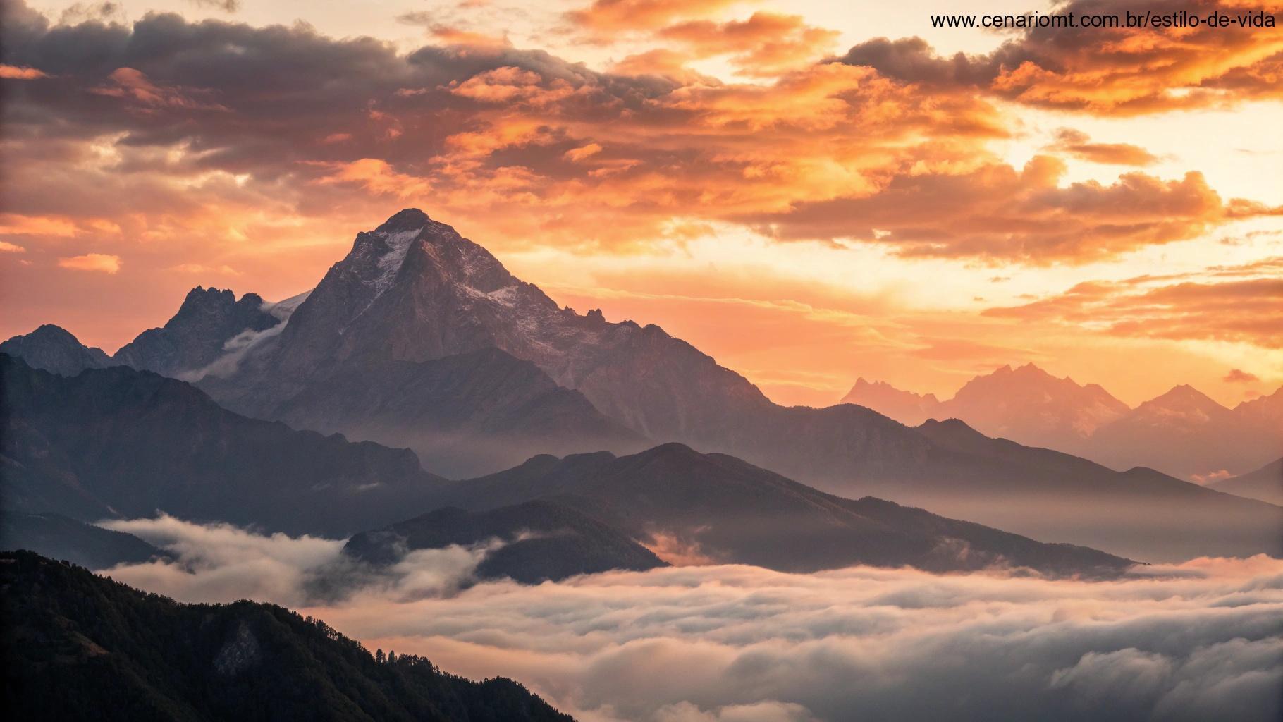 Imagem de um amanhecer rompendo as nuvens sobre uma cadeia de montanhas, representando a importância de compartilhar boas energias.