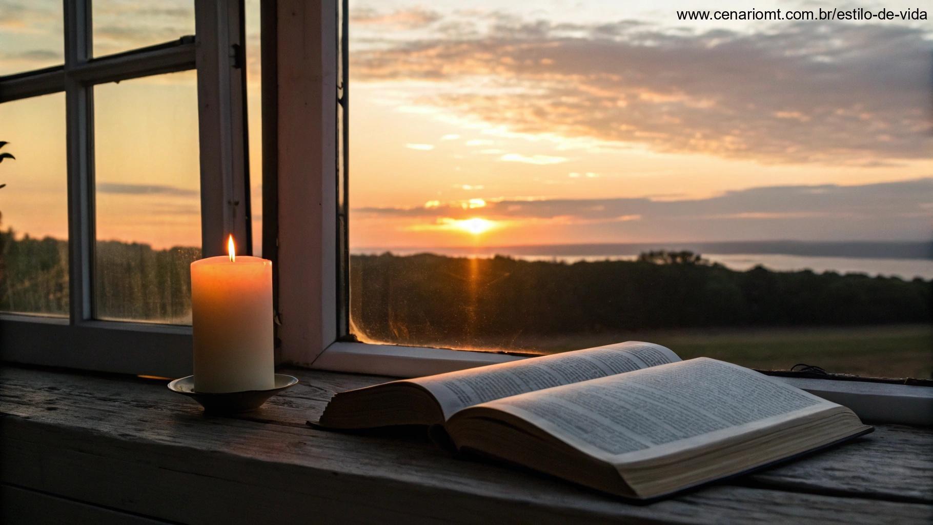 Imagem refletindo os ensinamentos dos santos, com um livro aberto e luz suave iluminando o caminho.